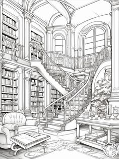 this is an image of a living room with bookshelves and stairs in it