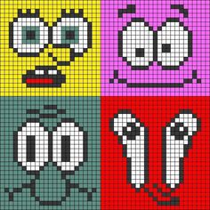 four different colored squares with faces on them