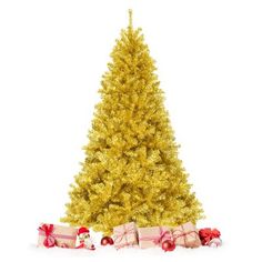 a yellow christmas tree with presents under it