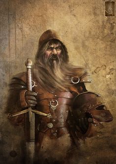 Dwarf knight with leather armor and a claymore Old Knight, Heroic Fantasy, Fantasy Portraits, Knight Art, Warhammer Fantasy, High Fantasy, Fantasy Rpg