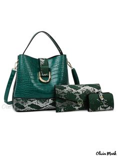 Olivia Mark - Exquisite 3-Piece Set: Crocodile Embossed Snakeskin Pattern Paneled Bucket Bag with Coin Purse Urban Bags, Crafted Bag, Mothers Bag, Pu Leather Bag, Snakeskin Pattern, Crossbody Bag Women, Leather Bucket, Casual Tote, Types Of Bag