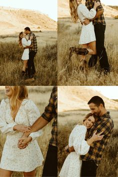 a man and woman hugging in the middle of an open field with tall dry grass