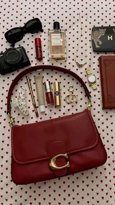 Red coach bag aesthetic Inside My Bag, Mode Turban, Handbag Essentials, Girly Bags, Red Purses, Bags Aesthetic, Pretty Bags, Cute Purses, Essential Bag