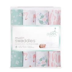 six pieces of muslini swaddles in pink, blue and white designs