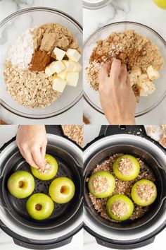 process photos showing how to make apple crisp in an air fryer with apples and oats