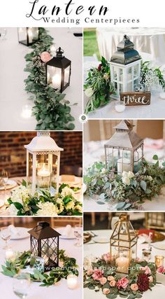 wedding centerpieces with candles, flowers and greenery