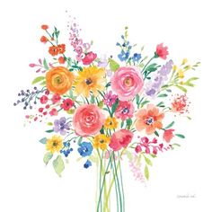 a watercolor painting of colorful flowers in a vase