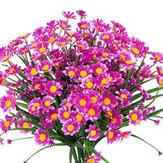 a bouquet of purple and yellow flowers on a white background