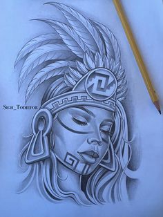 a pencil drawing of a native american woman's head with feathers on her head