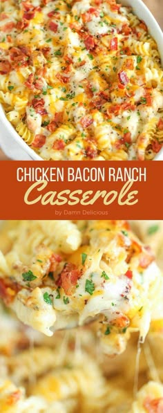 chicken bacon ranch casserole in a white dish