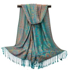 "Reversible silk pashmina scarves for women | Women Head wraps Floral print in the rich teal green and copper color in soft and cozy light weight fabric. These perfectly sized scarves can be used as in multiple ways; as head cover, hair wrap, shawl, hijab, or neck muffler. A fashion accessory to fit any wardrobe. Great gift for Mother's day, Valentine, wedding, Christmas or any occasion. ~~Item details~~ Quantity: 1 long scarf Material: 50% viscose, 50% polyester Length: approx. 76.5 inches ( 19 Festival Pashmina, Festival Scarves, Gifts 2023, Boho Shawl, Teal Blue Color, Reversible Scarf, Scarf Material, Cozy Fabric, Hair Wraps