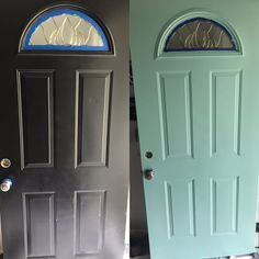 two front doors side by side with the same paint job on one door and the other painted in different colors