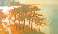 an abstract painting with orange and yellow colors on it's surface, including trees