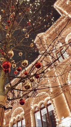 a tree with ornaments hanging from it's branches in front of a building at night