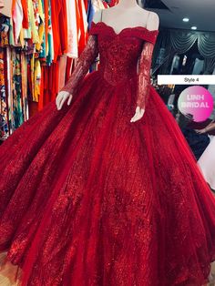 a red ball gown on display in a store