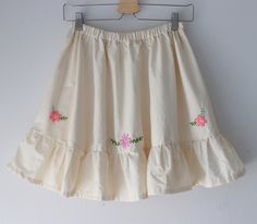 "Cotton A-Line Skirt with Floral Embroidery, Woman's Clothing, Hand-Embroidery, Spring Cotton Skirt, Raw Cotton, Elastic Waist Skirt This super cute skirt is made with 100% cotton.  It's handmade from a pattern that was drafted by me.  It is part of a two-piece set.  The waistband is elastic and its embroidered by hand.  It is lined in the top half of the skirt.  It's perfect for spring/summer, vacations, the farmers market, a day at the beach, or any fun/casual day.  Choose from small, medium, Skirt With Embroidery, Elastic Waist Skirt, Cute Skirt, Handmade Clothing, Womens Skirts, Summer Skirts, Cotton Skirt, Cute Skirts, Princess Seam