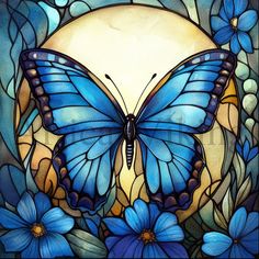 a stained glass window with blue flowers and a butterfly on it's wings in front of a full moon