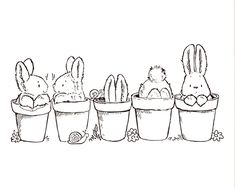 three potted plants with rabbits in them