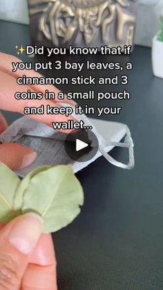 someone is holding a small piece of paper with the words did you know that if you put 3 bay leaves, a cinnamon stick and 3 coins in a small pouch and keep it in your wallet