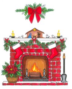 a drawing of a christmas fireplace with stockings and poinsettis