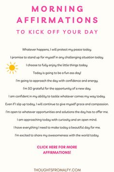 a pink and white poster with the words morning affirmationss to kick off your day