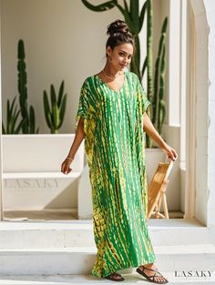 Lasaky - Womens Plus Size Boho Cover Up Dress - Tie Dye Striped V-Neck with Bat Sleeves and Split Design - Ideal for the Beach Green V-neck Dress For Vacation, Green V-neck Vacation Dress, Green V-neck Maxi Dress For Beach Cover-up, Green V-neck Beach Dress For Vacation, Spring Yellow V-neck Kaftan, Green V-neck Kaftan For Beachwear, Yellow V-neck Beachwear Maxi Dress, Yellow V-neck Maxi Dress Beachwear, Yellow V-neck Beach Dress Cover-up