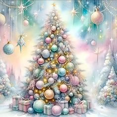 a painting of a christmas tree with presents