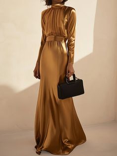 Long Sleeves Loose Pleated Shiny Solid Color Split-Joint Tied Waist High Neck Evening Dresses Maxi Dresses GOLD-XL Gold Dress Long Classy, Long Sleeve Maxi Evening Dress, Modest Gowns, High Neck Evening Dress, Golden Decoration, Gold Evening Dresses, High Neck Maxi Dress, High Neck Designs, Hijabi Style