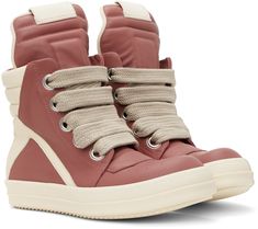 High-top grained calfskin sneakers in pink and off-white. · Perforated detailing at toe · Lace-up closure · Webbing pull-loop at tongue · Quilted and padded tongue and collar · Zip closure at inner side · Calfskin lining · Treaded rubber sole Supplier color: Thulian/Pearl/Milk Pink Leather High-top Sneakers With Rubber Sole, Pink Leather High-top Sneakers With Contrast Sole, Pink Leather High-top Sneakers With Vulcanized Sole, Pink Lace-up Sneakers With Leather Sole, Pink Rick Owens, Rick Owens, High Top, Calf Skin, High Tops