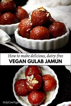 Rose-red gulab jamuns that are totally vegan with almond and pistachio garnish in a cardamom-scented sugar syrup. Vegan Gulab Jamun, Vegan Indian Sweets Recipes, Vegan Indian Sweets, Vegan Indian Dessert Recipes, Indian Desserts Recipes, Vegan Indian Dessert, Indian Vegan Recipes, Healthy Vegan Dessert, Indian Vegan