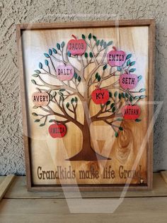 the family tree is made from wood and has many names on it, as well as hearts