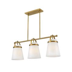 three light chandelier with white glass shades on the bottom and gold metal frame