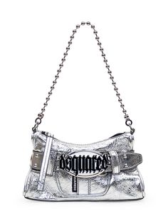 Shoulder bag in metallic leather. A chain handle. Shoulder strap in metallic leather. Details with ring studs. Zip closure. Enamel logo buckle on the front.Composition: Outside:, 100% Calfskin Lining:, 100% Cotton | Dsquared2 Women's Gothic Belt Clutch Bag in Silver | SS24 Gothic Belt, Heeled Rain Boots, High Heel Rain Boots, Shoe Boot Sandals, Backpack Tote Bag, Boot Accessories, Metallic Leather, Tote Backpack, Handbag Backpack