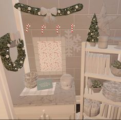 a room decorated for christmas with decorations on the counter and shelves in front of it