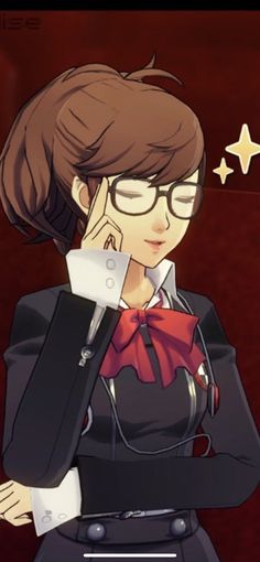 an anime character with glasses and a red bow tie holding a cell phone to her ear