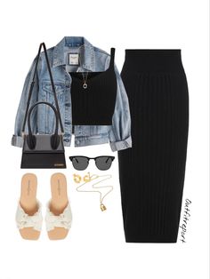 Black Knit Skirt Outfit Summer, Tops For Black Skirt, Fitted Black Skirt Outfit, Off White Sandals Outfit, Fits For Club, Outfit With A Black Skirt, Outfits With Long Black Skirts Summer, Black Dress And Denim Jacket Outfit, How To Style A Long Black Skirt Summer