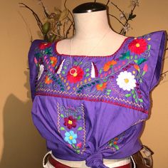 Embroidered Crop Top. Purple Embroidered Top With Floral Embroidery For Summer, Summer Purple Tops With Floral Embroidery, Purple Floral Embroidered Top For Spring, Casual Purple Top With Floral Embroidery, Purple Floral Embroidered Top For Summer, Fitted Embroidered Purple Tops, Bohemian Purple Top With Floral Embroidery, Spring Purple Embroidered Cotton Top, Casual Purple Embroidered Top