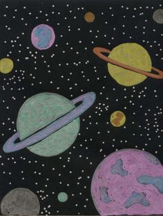 a drawing of the solar system with different planets and stars in black, purple, green, yellow and blue