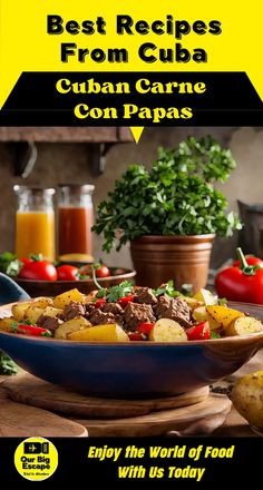 a bowl filled with meat and vegetables on top of a table