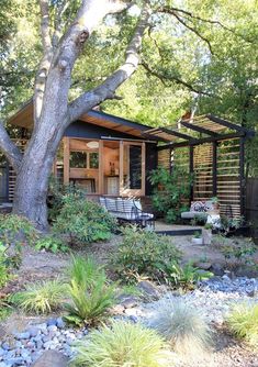 a small house sitting next to a tree in the middle of a yard with rocks and plants