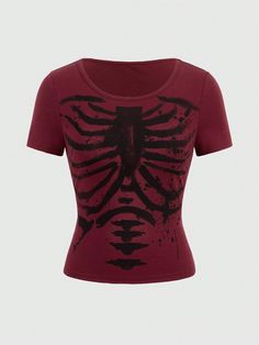 Plus Size Round Neck Short Sleeve T-Shirt, School Burgundy Casual  Short Sleeve Knitted Fabric Halloween  Slight Stretch  Women Plus Clothing, size features are:Bust: ,Length: ,Sleeve Length: Punk Plus Size, Printed Tee Women, Punk Shirt, Bell Sleeve Crop Top, Goth Outfits, Really Cute Outfits, Edgy Outfits