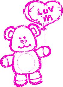 a pink teddy bear holding a heart shaped balloon with the word love on it's side