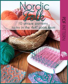 the cover of nordic folk knitting book, featuring yarns and needles in different colors