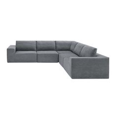 a gray sectional couch with the corner section facing off to the side, on an isolated white background