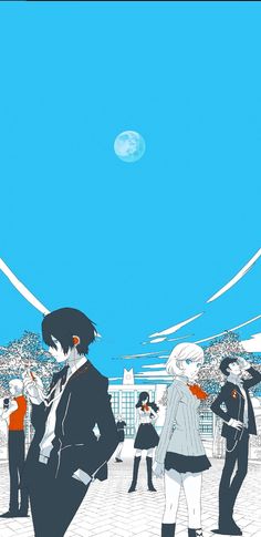 an anime scene with people standing in front of the sky and one person holding an umbrella