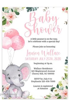 a baby shower with an elephant holding balloons in it's trunk and flowers around the edges