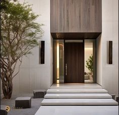 an entrance to a modern home with steps leading up to the front door and entry way