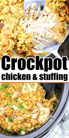 crockpot chicken and stuffing in a slow cooker with the title overlay