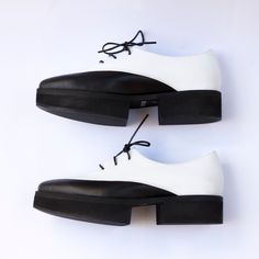 "Black and White Platform Oxfords, Leather Oxfords Shoes with Platform Heels For Women, Handmade Shoes, Oxford Shoes Women, minimalist These are Black & white oxfords with a platform in black color. They are comfortable and Chic and will look great with any outfit. Wonderful winter shoes for running around the city, day or night. There is good space for your toes and special thick sole that are a bit bouncy and adds 1.57 Inch to your heels, yet feel like they are flat. All of our shoes are handm White Flat Heels With Rubber Sole, White Office Heels With Rubber Sole, White Formal Heels With Rubber Sole, Modern White Leather Shoes, White Leather Shoes With Rubber Heel Cap, Modern White Leather Shoes With Rubber Sole, Modern White Leather Shoes With Contrast Sole, White Leather Shoes With Contrast Sole And Flat Heel, Modern White Leather Shoes With Almond Toe