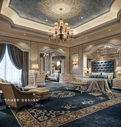 an elegant bedroom with chandelier and blue carpet